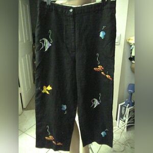 VINTAGE JILLIAN JONES Black Embroidered Fish Linen Pants SZ. 12 Capri Length